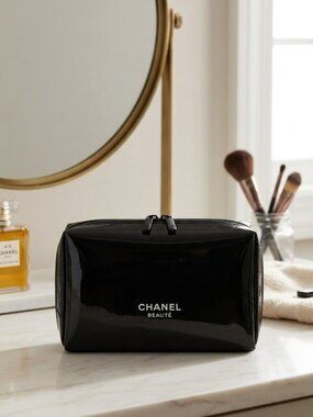 Chanel Beauty Glossy Black Makeup Toiletry Cosmetic Top Zip Closure Bag Case